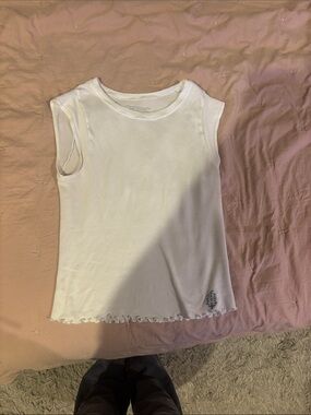 Free People White Ribbed Kids Tank with Leaf Accent